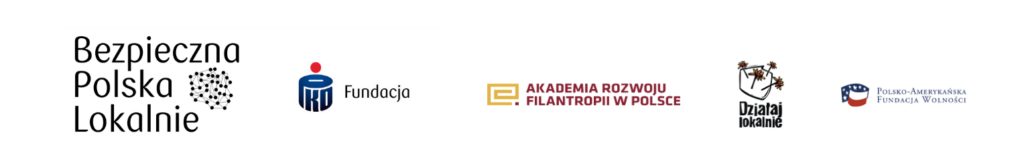 Stopka graficzna z logotypami partnerów programu „Bezpieczna Polska Lokalnie”: Fundacji PKO, Akademii Rozwoju Filantropii w Polsce, programu „Działaj Lokalnie” oraz Polsko-Amerykańskiej Fundacji Wolności.